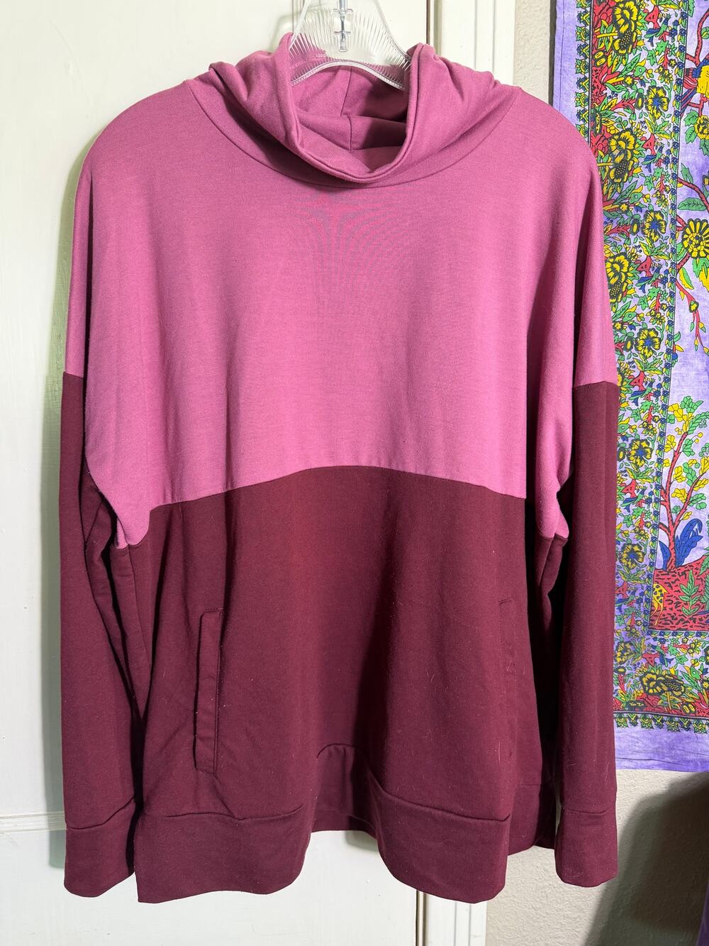 Zelos Color Block Cowl Neck Hoodie Pink Burgundy Pullover Sweatshirt - Large - Picture 1 of 8